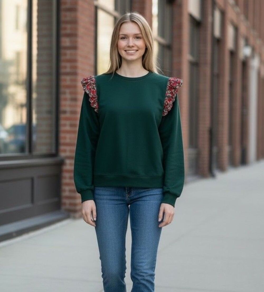 J. Crew Sweatshirt Women’s Size Medium Green Red Floral Ruffle Sleeve Pullover